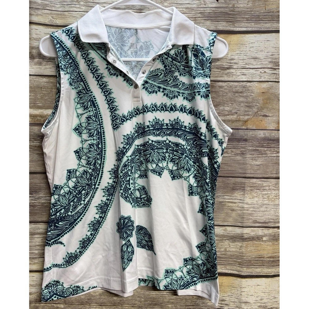 Tail Shirt Women's Large White Green Sleeveless Golf Polo Paisley Print Stretch